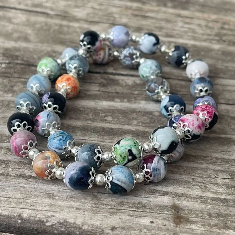 Colorful orca stretch bracelet silver tone black blue pink beads beaded NEW dyed